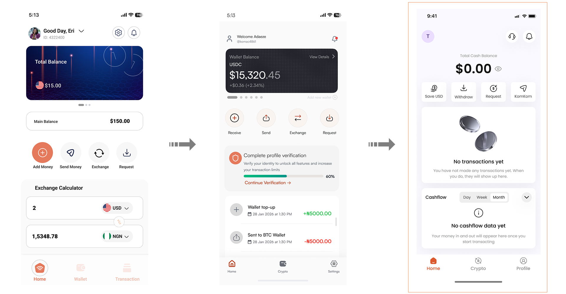 Three design iterations of KomKom Wallet dashboard showing progression from initial concept to final clean design
