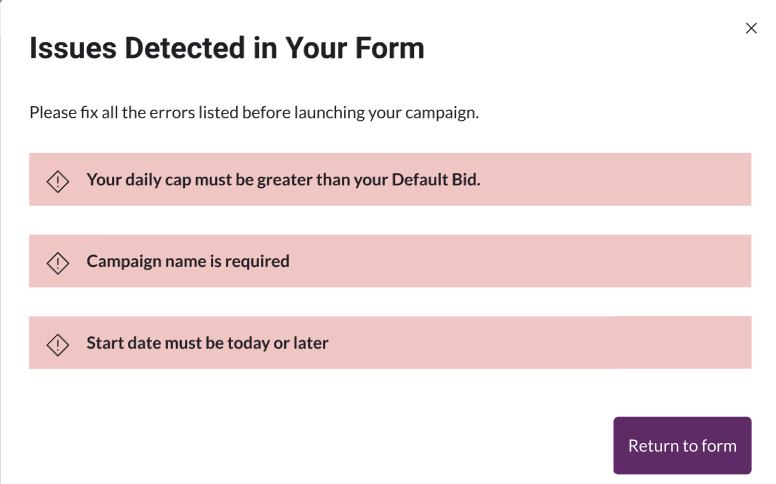 Issues Detected in Your Form error summary showing validation errors