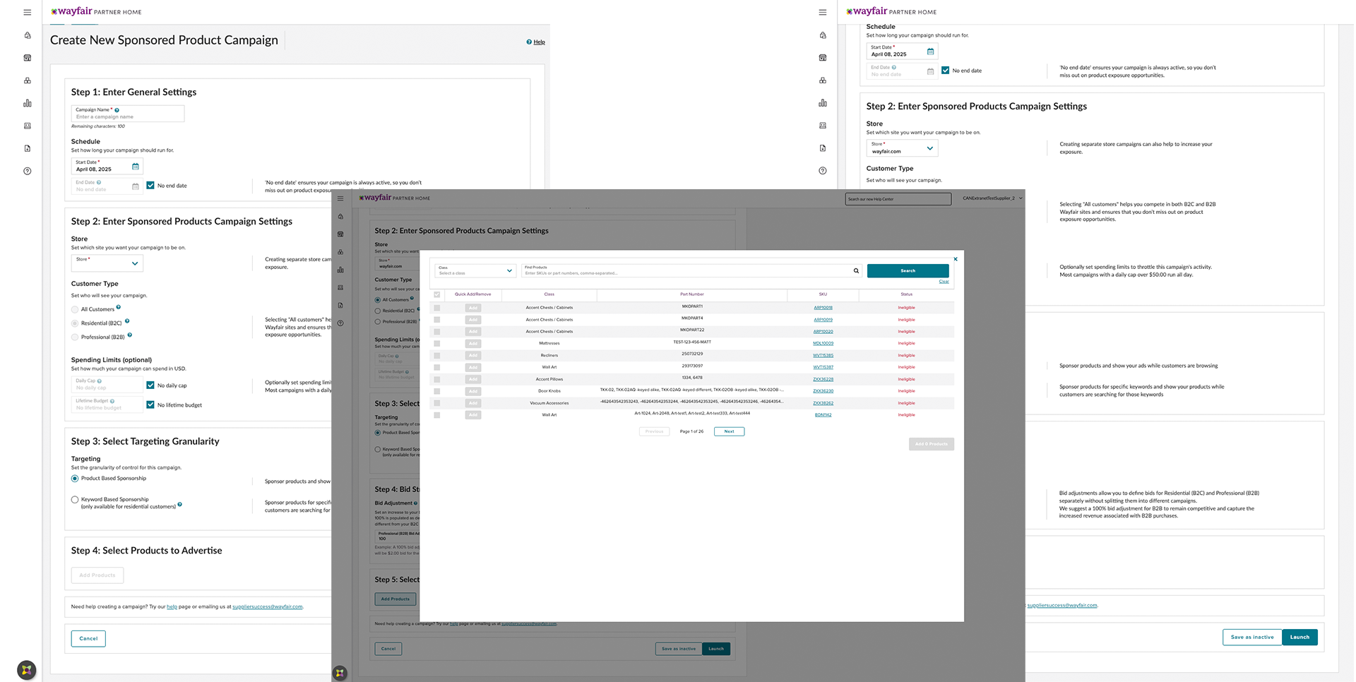 Legacy campaign creation flow showing multi-step process