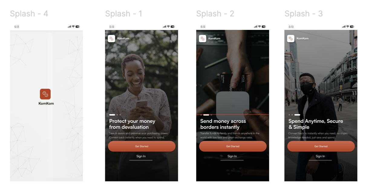 Figma Make wireframe generation showing KomKom splash screen concepts